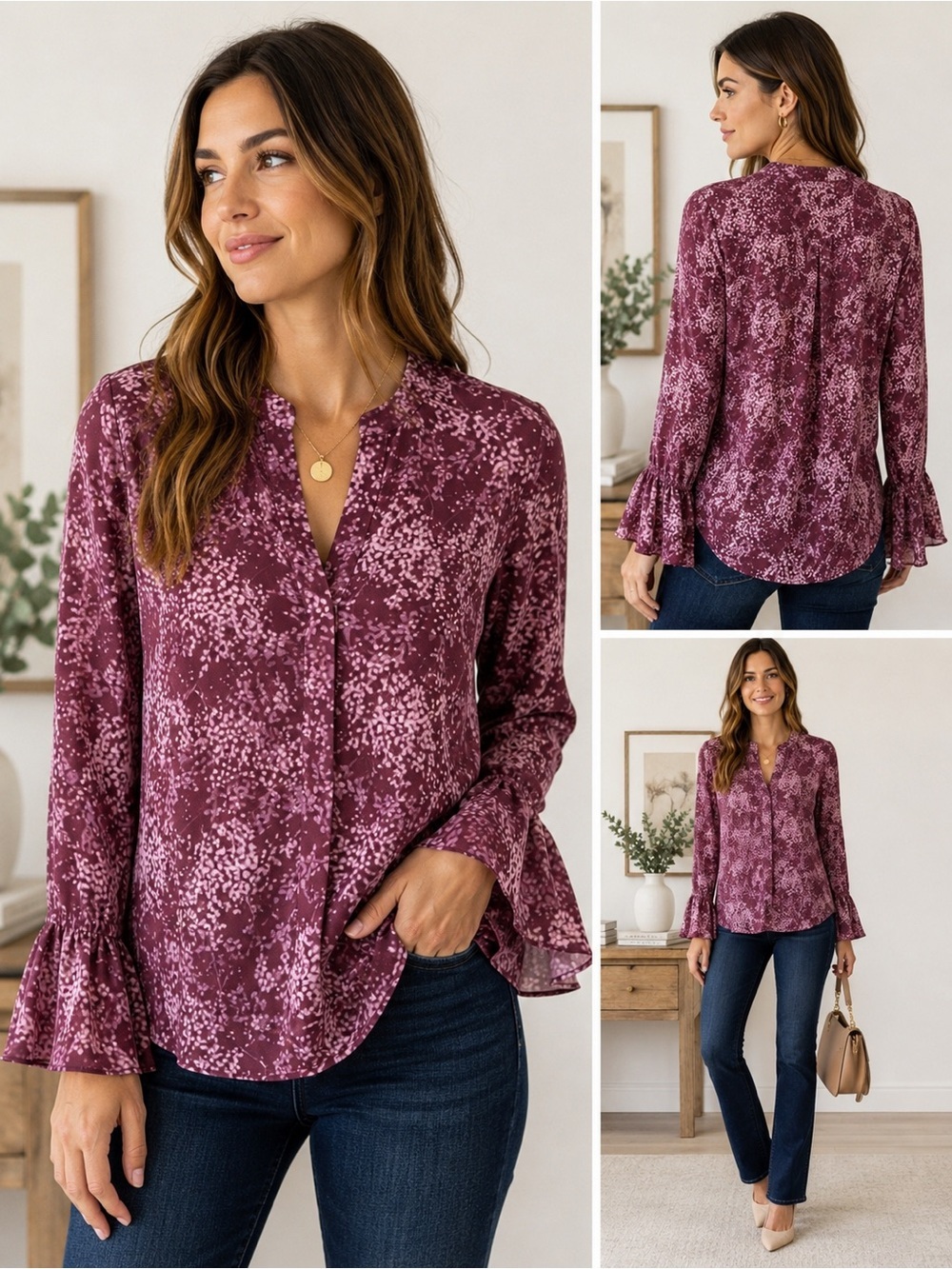 Halston Plum Floral Print Ruffle-Sleeve Blouse Size M Boho Feminine Romantic